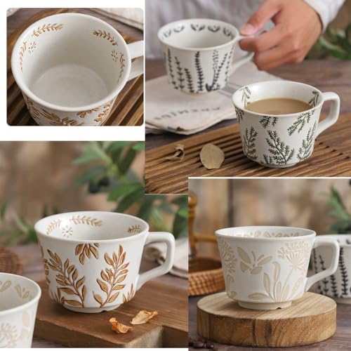 12 Ounce Ceramic Mug Set of 3 Embossed Leaf Ceramic Coffee Mugs, Vintage Speckled Stoneware Tea Cups, Rustic Leaf Drinking Mugs, Microwave & Dishwasher Safe, Farmhouse Kitchen Decor, Gift Set