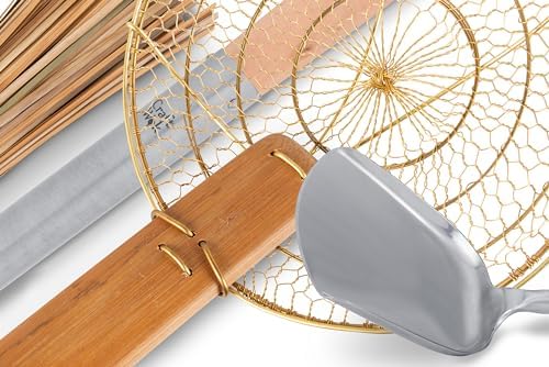Craft Wok Tools 4 pcs Set: Ladle, Spatula, Strainer, Bamboo Brush/Utensils Traditional Asian Cookware with Wooden Handles / 732W9