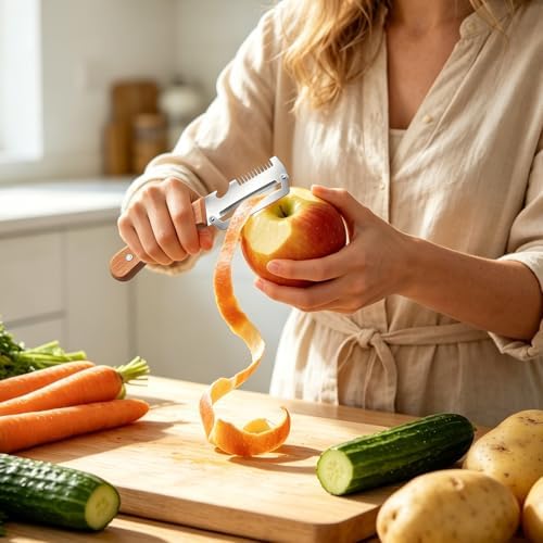 2Pcs Multifunctional Vegetable Peeler,Zero Snag Wooden Peeler,Zero Snag Wooden Kitchen Tool with Grater Bottle Opener,3 in 1 Kitchen Gadgets Stainless Steel Peelers for Pumpkin Potato Carrot Apple
