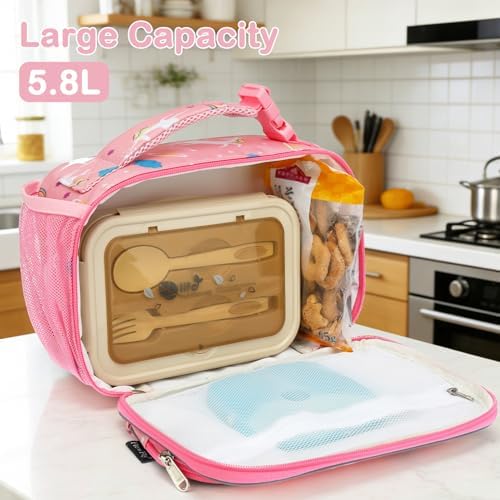 FlowFly Kids Lunch box Insulated Soft Bag Mini Cooler Back to School Thermal Meal Tote Kit for Girls, Boys,Unicorn