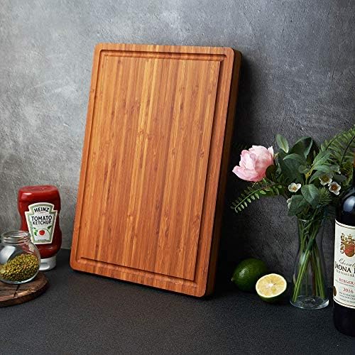 Allsum Bamboo Wood Cutting Board for Kitchen, 1" Thick Butcher Block, Cheese Charcuterie Board, with Side Handles and Juice Grooves, 16x11" (Pack of 2)