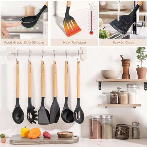 Astercook 39 PCS Kitchen Utensils Set, Silicone Cooking Utensil Sets with Wooden Handle, 446°F Heat Resistant Food Grade Spatula Set, BPA Free Kitchen Gadgets Tools Set & Spoons for Nonstick Cookware