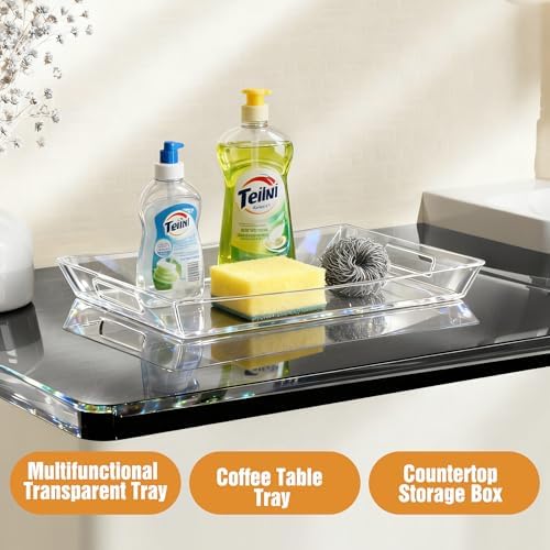 Clear Plastic Serving Tray with Handles, BPA-Free Storage Organizer Tray - Large Serving Trays 17.5"x12.5"Reusable Serving Platters for Appetizer,Fruit,Kitchen,Desk & Serving Tray for Party Supplies