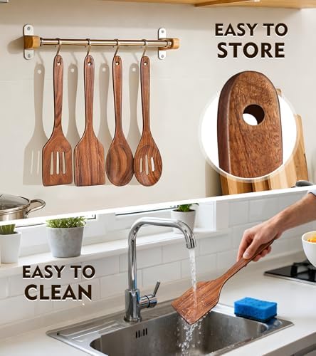 4Pcs Wooden Spatula for Cooking, Acacia Wooden Spatula for Kitchen Use, Nonstick Cookware Safe Utensils Set for Cooking, Mixing, Serving, Draining, Ideal Cooking Utensils Gift