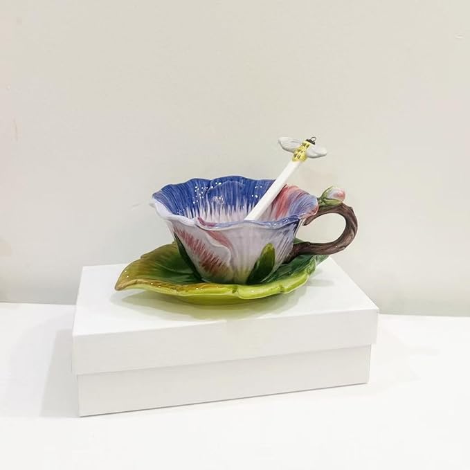 Ceramic Pansy Coffee Cup and Saucer Set with Spoon,6OZ 3D Hand-Painted Flower Tea Mug,Gift for Women (Pinkish Purple)