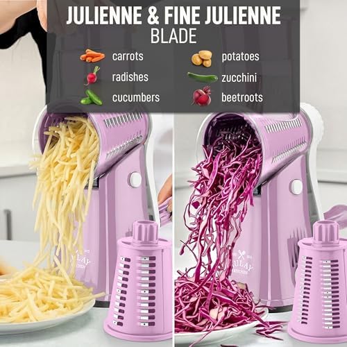 Rotary Cheese Grater Manual Hand Crank 5 Blade Shredder, Lilac & White
