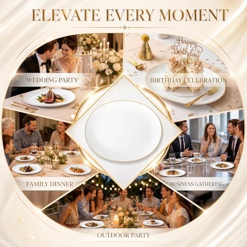 WDF 6Pcs Gold Plastic Serving Trays - 12 Inch White and Gold Oval Disposable Plates - Heavy Duty White Plastic Serving Platters for Wedding/Birthday/Dinner Party/BBQ/Holiday Gatherings