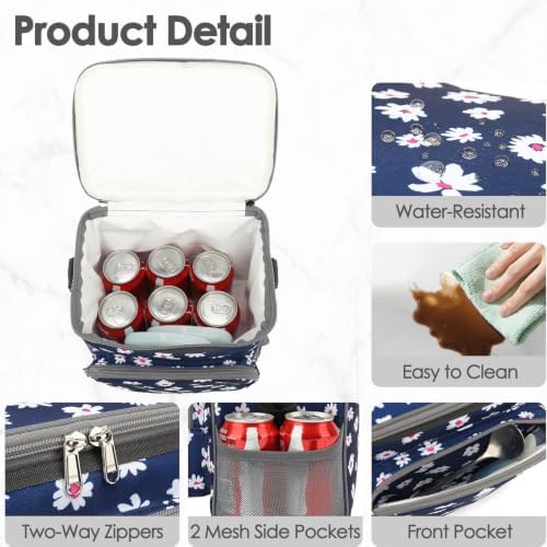 FlowFly Insulated Reusable Lunch Bag Adult Large Lunch Box for Women and Men with Adjustable Shoulder Strap,Front Zipper Pocket and Dual Large Mesh Side Pockets,Daisy