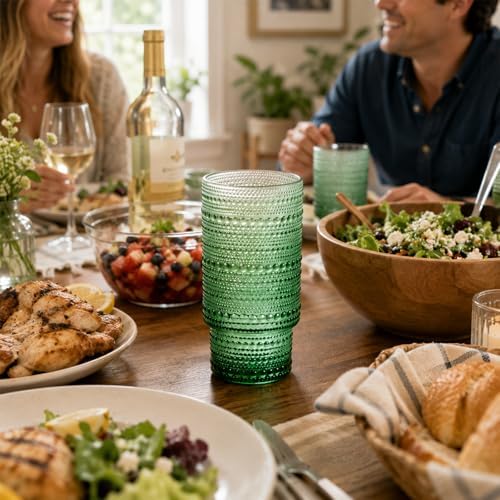 Large Capacity 16 oz Hobnail Drinking Glasses Set of 12, Vintage Glassware Drinking Glasses, Gradual Green Water Glasses Tumbler, Cups for Kitchen, Juice, Beer, Cocktail