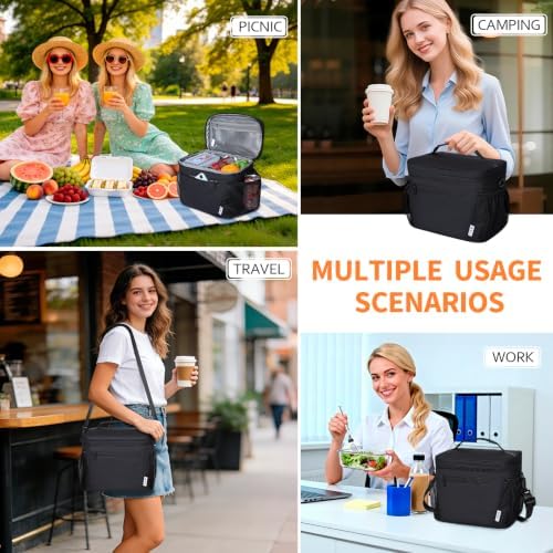 NOL Insulated Lunch Bag for Women Men Adults, Reusable Lunch Tote with Adjustable Shoulder Strap, Leakproof Thermal Food Cooler Bag with Front Pocket and Side Mesh Pockets for Work Travel, Black