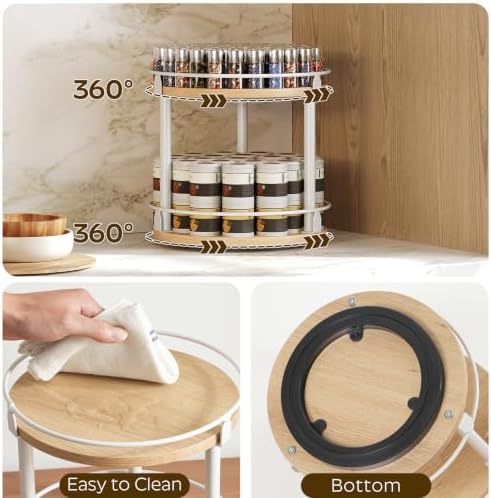 YATINEY Lazy Susan Organizer, Rotating Spice Rack, 2 Tier Spice Turntable Organizer, Industrial Turntable Spice Holder, for Kitchen Countertop, Compact and Versatile, White and Natural SR22WN