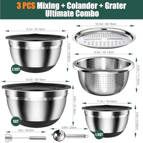 Stainless Steel Mixing Bowls Set with Lids & Silicone Base,7‑Piece Set