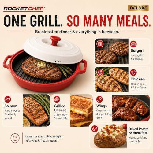Turbo Grill Deluxe - Microwave Grill Pan with Lid, Nonstick, Ceramic Nonstick Grill Pan with Vented Lid, Grills, Sears & Crisps Bacon, Burgers, Steak & Veggies Fast + Bonus Recipe Guide