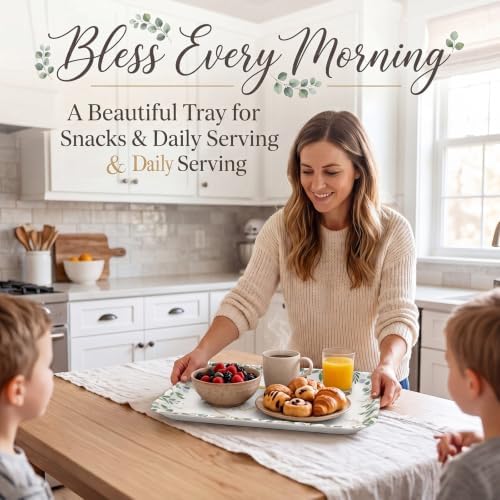 Vesici 4 Pack Eucalyptus God Bless Melamine Serving Trays, 13 x 10 Inch Rectangular Religious Decorative Platters with Gold Cross, Durable Serving Plates for Baptism, First Communion & Church Events