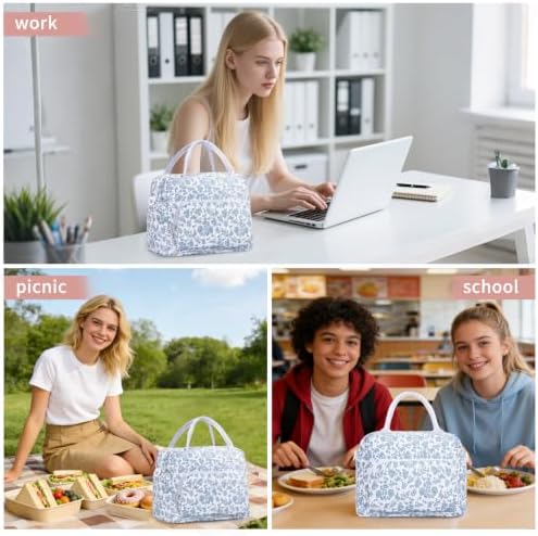 GASSDA Lunch Box for Women Insulated Lunch Bag Women Adult Cute Lunch Bags Reusable Lunchbox Cooler Tote Bag for Work Picnic (Blue-Floral)