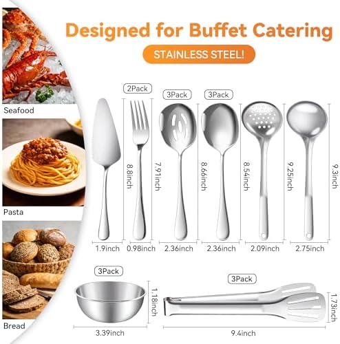 Serving Utensils Set for Partie, Stainless Steel Metal Serveware Flatware Large Serving Spoons, Slotted Spoons, Forks, Tongs, Soup and Skimmer Spoon, Cake Server for Buffet, Party, Catering