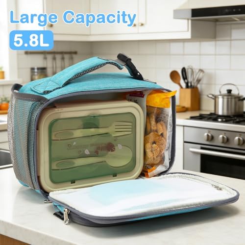 FlowFly Kids Lunch box Insulated Soft Bag Mini Cooler Back to School Thermal Meal Tote Kit for Girls, Boys, Sea Blue