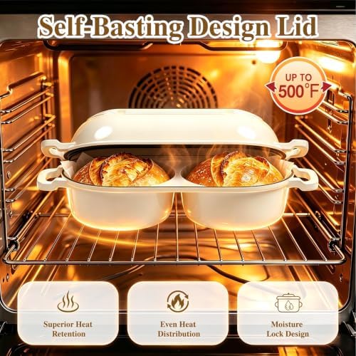 Dutch Oven for Sourdough Bread Baking - Enameled Cast Iron Dutch Oven Pot with Lid and 5" Banneton Bread Proofing Basket & Cotton Potholders, Dual Round Bread Loaf Pan for Homemade Bread, Meatloaf, Cake– (Cream White)