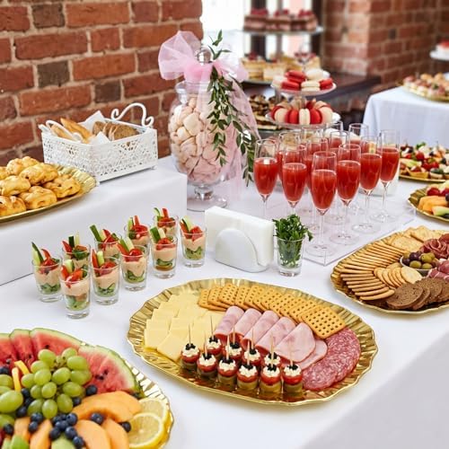 AVLA 6 Pack Plastic Serving Tray, Gold Serving Platter Set, Reusable Party Snack Serving Tray, Decorative Food Appetizer Platters for Dessert Table, Cupcake, Charcuterie, Cookies, 14" x 8.5"