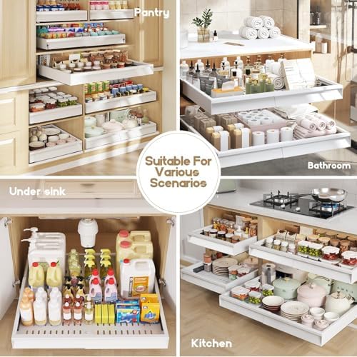 Seinloes Pull Out Cabinet Organizer, 4-Side Expandable to Fit Most Cabinets, 3 Rail Slide Out Drawers with Raising Pad for Framed & Frameless Cabinets, 15"-25" W x 17"-24" D, White, 2 Pack
