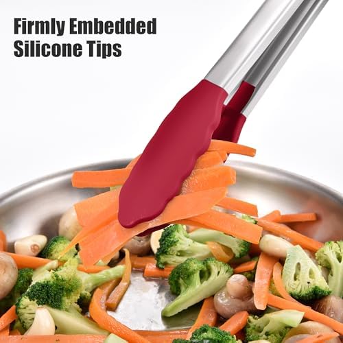 Doosu Kitchen Tongs with Silicone Tips for Cooking Serving (16in, Red)