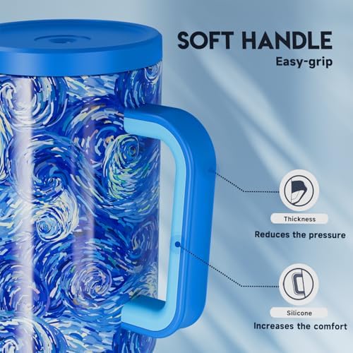 Meoky Tumbler with Handle and Straw for Women: 40 oz Stainless Steel Insulated Tumbler with Lid and Straw 100% Leakproof for Car Cup Holders - Travelers Commuters Workers, Van Gogh