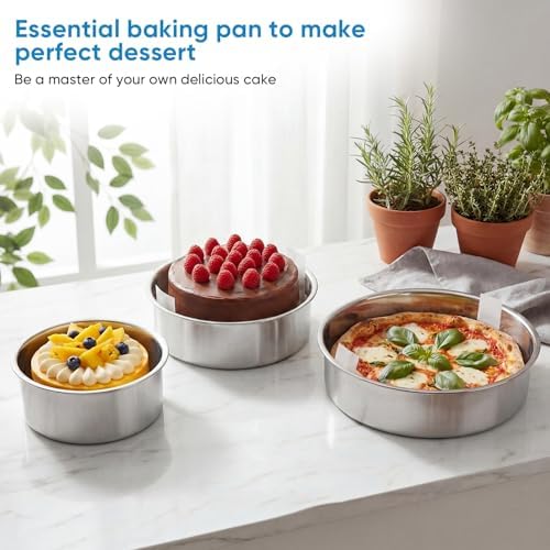4 6 8 Inch 3-Piece Round Cake Pan Set with 150 Parchment Paper Liners, Stainless Steel Baking Pans with Handles, Includes Silicone Brush & Spatula, Layer Cake Baking Set for Cheesecake, Birthday Cake