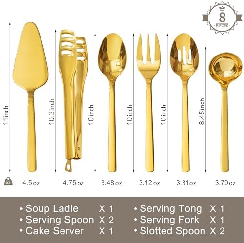 KINGSTONE 18/10 Large Hostess Gold Serving Utensils,Stainless Steel Serving