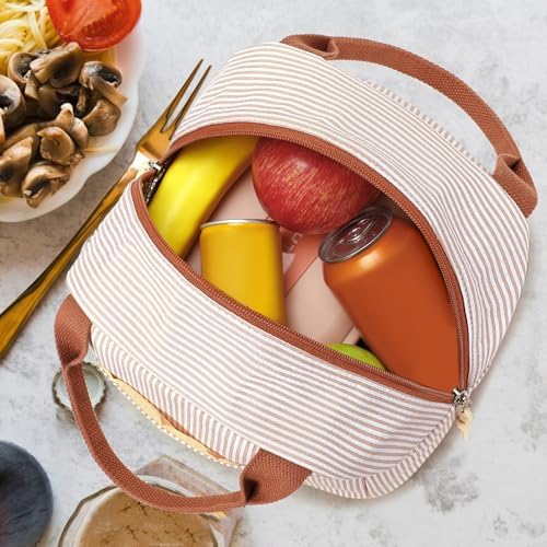 Bluboon Lunch Box for Women Cute Lunch Bag Reusable Insulated Lunch Bags Large Capacity Lunchbox Cooler for Work Picnic or Travel Gifts (Light Khaki White Stripes, 10 x 7.5 x 8 inches)