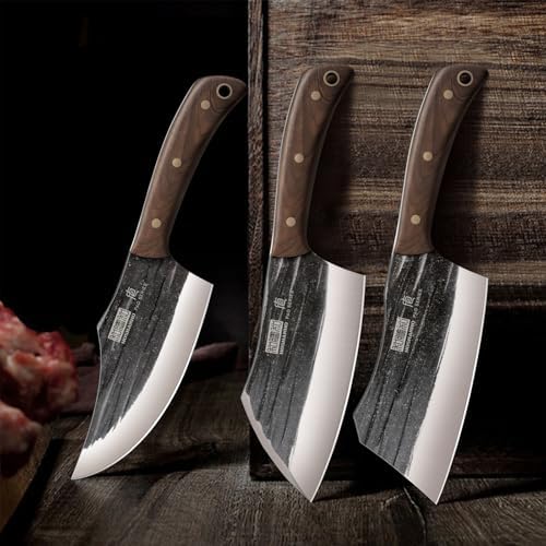 HOSHANHO Butcher Knife Set, 3PCS Knife Set of Bone & Cleaver & Viking Knife