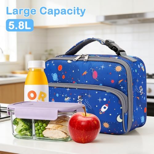 FlowFly Kids Lunch box Insulated Soft Bag Mini Cooler Back to School Thermal Meal Tote Kit for Girls, Boys, Astro&Rocket