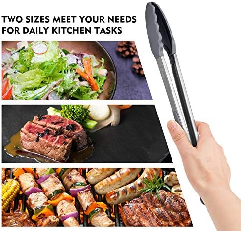 HOTEC Premium Stainless Steel Locking Kitchen Tongs with Silicon Tips, Set of 2-9" and 12" Light Grey