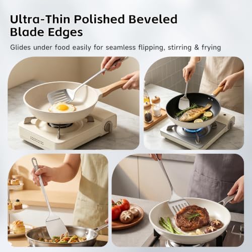 2PCS Stainless Steel Spatula, Solid & Slotted Metal Turner for Kitchen Use