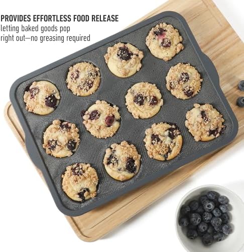 Calphalon Omni 12-Cup Muffin & Cupcake Pan with GlassFlex Technology, Flexible Silicone & Micro-Woven Glass Core for Ultra Airflow Baking, Grey