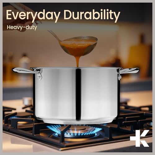 Stainless Steel Stockpot with Tempered Glass Lid 8 Quart, Durable 18/0 Stainless Steel, Impact-Bonded Base for Even Heating, Riveted Handles, Oven & All Stove Compatible, Safe Up To 500°F (260°C)