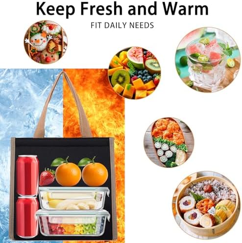 Insulated Lunch Bag for Work, 10.2"x5.9"x10.2" Oxford Waterproof Lunch Tote, Thermal Lunch Box for Office, Picnic & Outdoor, Black Striped Canvas Tote Bag