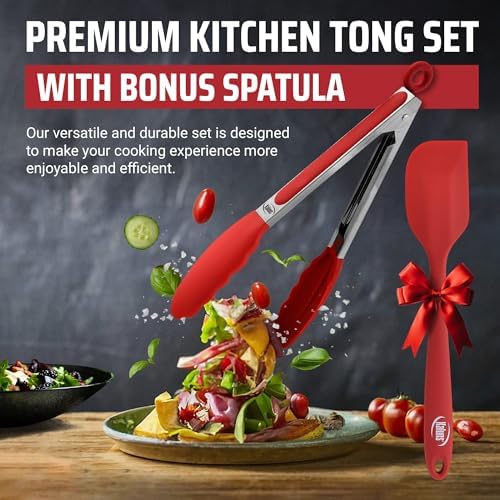 Kaluns Kitchen Tongs for Cooking Grilling Set of 4, BBQ Grill Tongs With Silicone Tip Stainless Steel Heat Resistant, Non-stick Pull Lock, Incl 7, 9, 12 Inch Tong Plus a Silicone Spatula