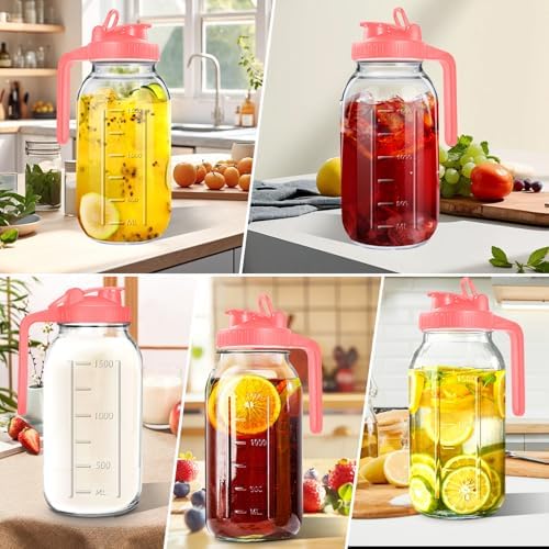 64oz Glass Pitcher with Lid, 2 Quart Mason Jar Pitchers with Lid and Spout, Wide Mouth Breast Milk Pitcher Glass Jug Sun Tea Pitchers, Cold Brew Coffee pitcher, Fridge Container for Water, Juice, Tea
