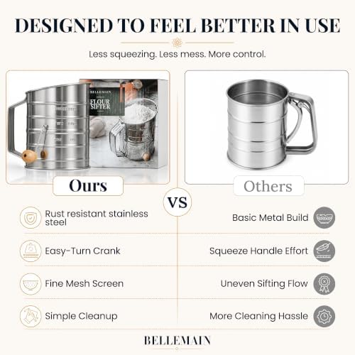 Bellemain Stainless Steel Flour Sifter for Baking with Hand Crank - 3 Cup