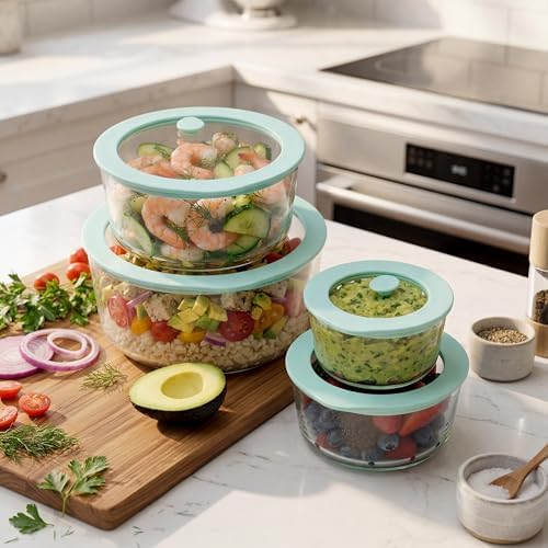 Urban Green Glass Food Container Set with Glass Lid, 4 Pack, Meal Prep Containers with Silicone Framed Airtight Lid, Leakproof, 100% Plastic Free,