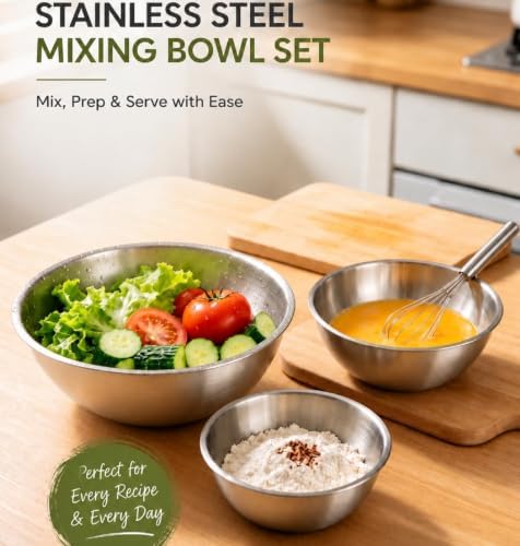 Stainless Steel Mixing Bowls Set of 3 - 9.84", 8.66" & 7.5" Metal Mixing Bowls, 3.3 Qt, 2 Qt & 1.5 Qt Stainless Steel Salad Bowls, Durable 304 Stainless Steel Bowl for Kitchen, Baking, and Meal Prep