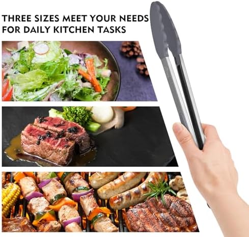 HOTEC Premium Stainless Steel Locking Kitchen Tongs with Silicon Tips, Set of 3-7", 9" and 12" (Grey)