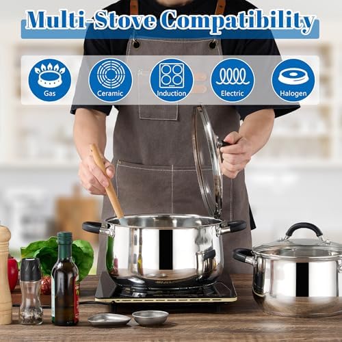 E-far Stainless Steel Stock Pot, 8 Quart Large Cooking Pot with Glass Lid
