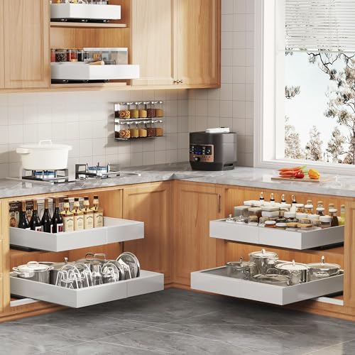 Seinloes 6 Pack Expandable Pull Out Cabinet Organizer 21"Deep With Raising Pad for Framed Cabinets,Slide Out Drawers With 4pcs Divider Racks,No Drill Roll Out Shelf,Adjustable Width 12.05"-20.4"White