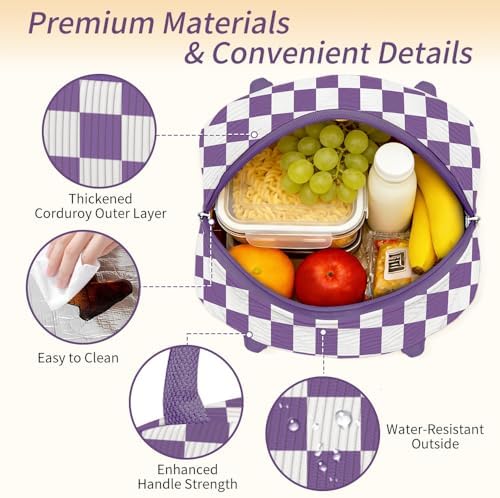 Coobiiya Lunch Bag Lunch Box for Women Men, Cute Corduroy Lunch Tote Bags Insulated Reusable LunchBox Large Capacity Cooler Bag for Work Travel Picnic Purple