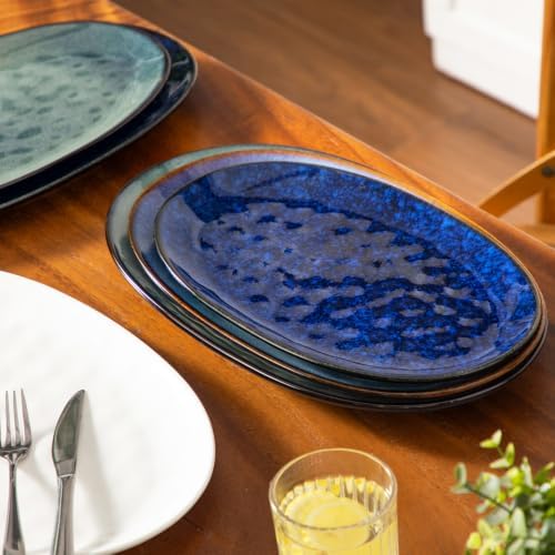 vancasso Ceramic Serving Platters Set of 3, Oval 16/14.7/13.5 Inch Stoneware Serving Dishes for Entertaining, Microwave Safe Serving Trays for Food, Turkey, Cheese, Party, Reactive Glaze Navy Blue