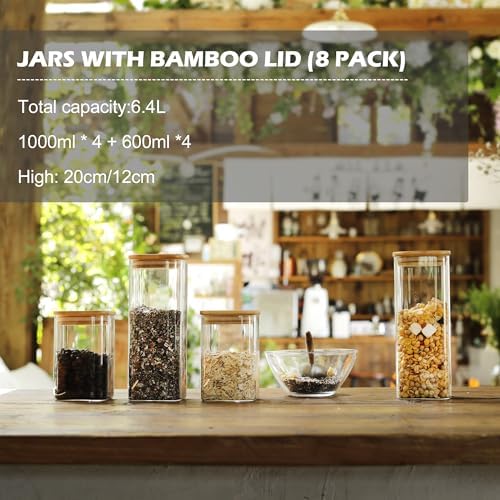 LIBWYS 8-Pack Square Glass Storage Jars with Bamboo Lids (0.6Qt/1.06Qt)