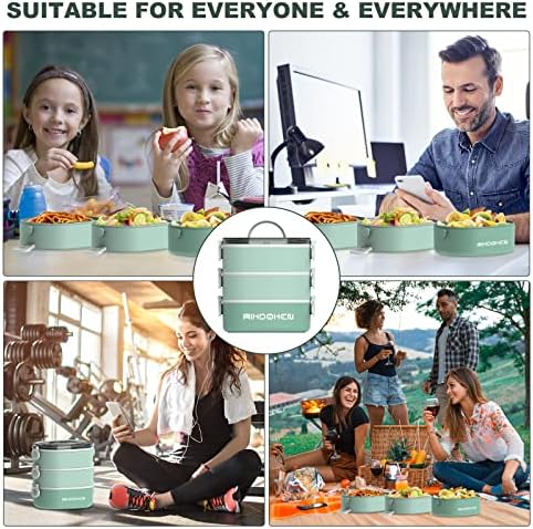 RIKDOKEN Lunch Box, Stackable 3 Layers Containers, Portable 94OZ Large Capacity Leakproof Bento Box with Spoon & Fork & Sauce Boxes, Microwave Safe Lunch Box for Kids and Adults