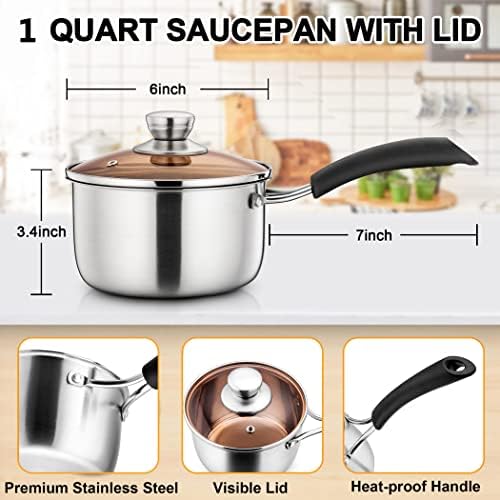 LIANYU 1QT Saucepan with Lid, Stainless Steel Sauce Pan, Induction Ready