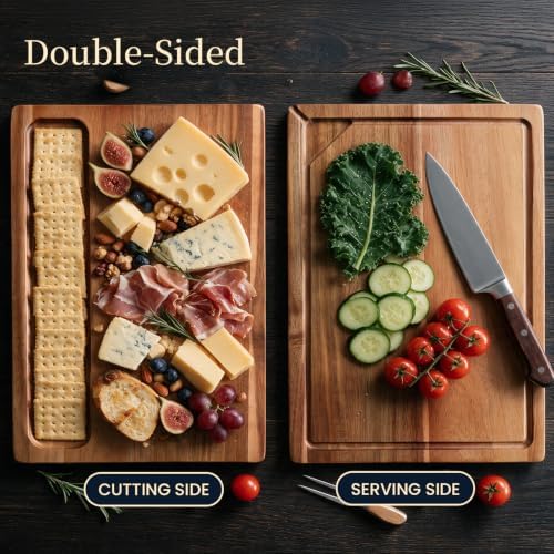 Kikcoin Acacia Wood Cutting Board Set of 3, Wooden Cutting Boards for Kitchen with Deep Juice Grooves, Butcher Block Wooden Chopping Board for Meat, Large Solid Charcuterie Boards Serving Tray